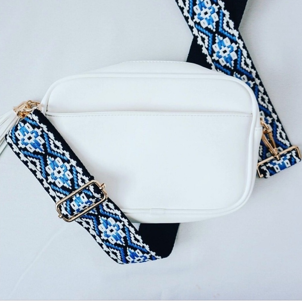 Threaded pear aztec blue guitar strap rose gold hardware crossbody bag in white